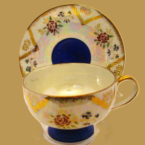 Vintage cobalt blue pedestal lusterware teacup red & blue flowers encased in gol - Picture 1 of 6